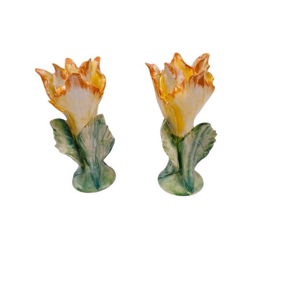 2 Pc Chelsea House Porcelain Lily Flower 7" Candlestick Holders Yellow Vnt - Picture 5 of 15